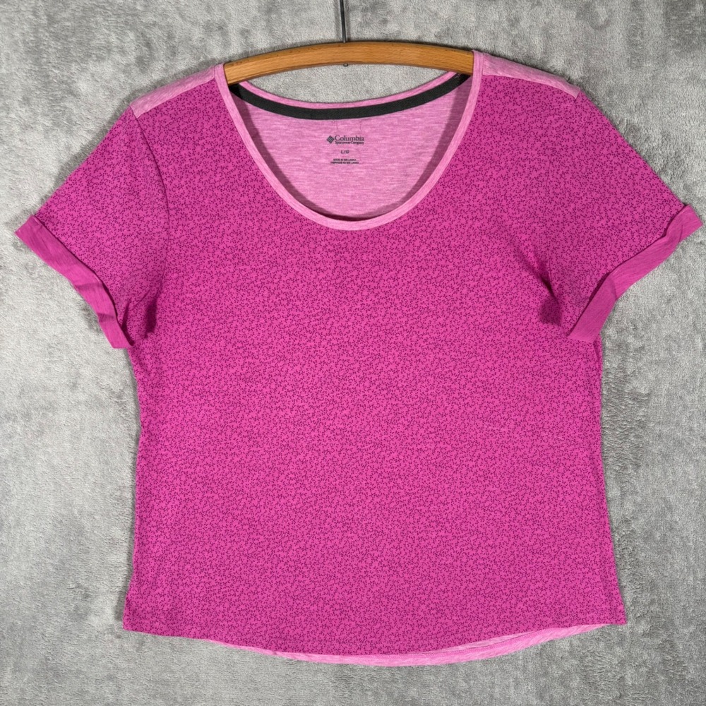 Columbia Sportswear Pink Micro Floral Scoop Neck Short Sleeve Shirt Womens Large